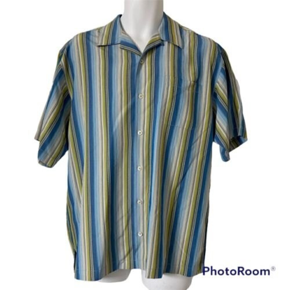 Tommy Bahama Men's Shirt Medium Silk Blue Green Stripe  Short Sleeve